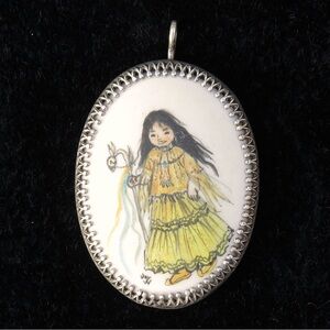 Joy Weddle Apache Girl Hand Painted Porcelain Sterling Silver Pendant